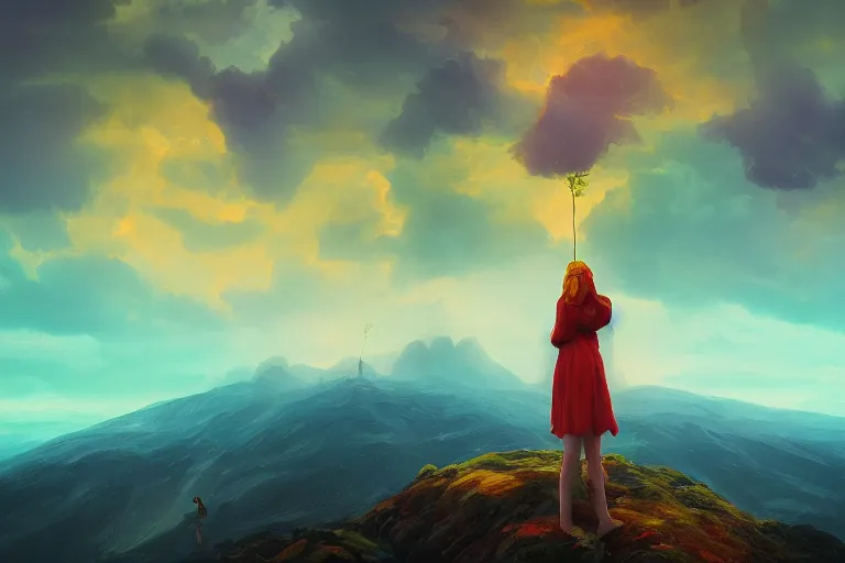 Image similar to closeup giant dahlia flower as head, girl standing on mountain, surreal photography, blue storm clouds, dramatic light, impressionist painting, digital painting, artstation, simon stalenhag