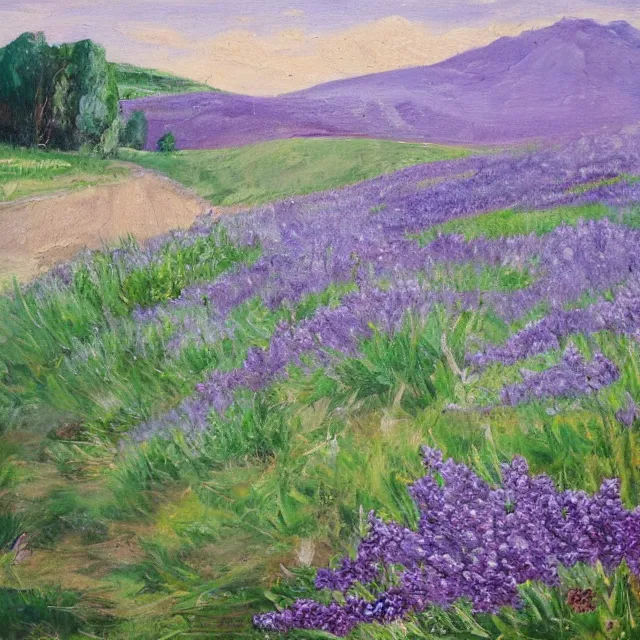 Image similar to lavander field in italian landscape, oil painting