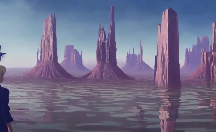 Prompt: a scary hyperrealist painting of new york city inside a giant transparent forcefield crystal ball from howl's moving castle ( 2 0 0 4 ) in a flooded monument valley stonehenge jungle. depth perception, 4 k, artstation, in the style of studio ghibli