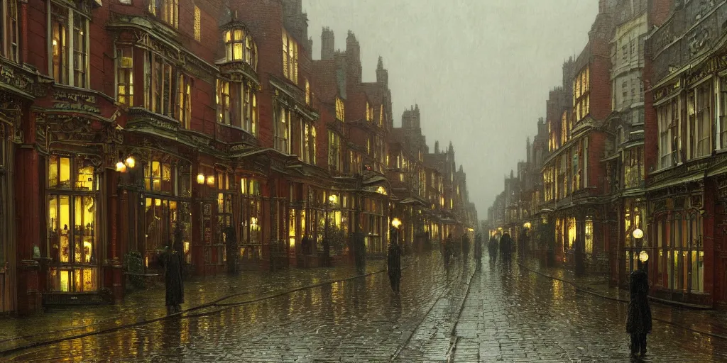 Prompt: Victorian city street lined with trees with front view of shops on a rainy day in London, evening, low angle view, detailed matte painting, cinematic, John Atkinson Grimshaw, Artstation