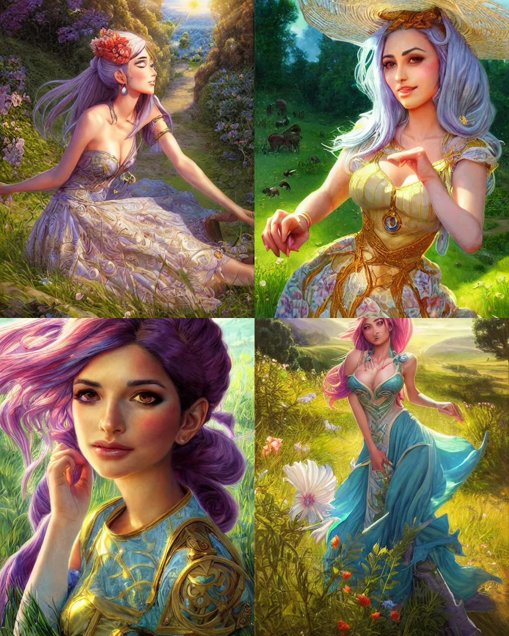 Prompt: portrait, sona from league of legends wearing a beautiful summer dress in the countryside, by greg staples and jeff easley, beautiful scene, hyperrealistic, intricate, summer day, sunlight, cheerful, soft lighting, detailed
