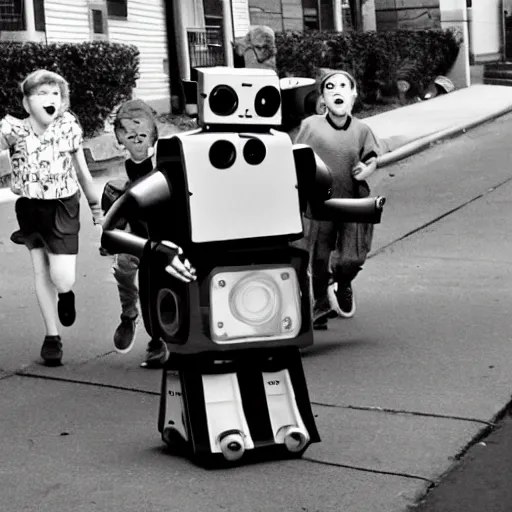 Image similar to in the style of 1960s, A scary robot is chasing after a bunch of scared kids down the street, fully detailed , fully detailed kids faces in focus