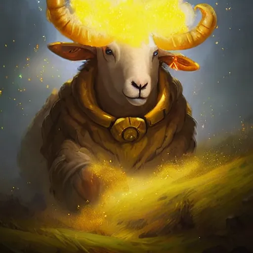 Image similar to a sheep surrounded by yellow glittering smoke, hearthstone art style, epic fantasy style art, fantasy epic digital art, epic fantasy card game art