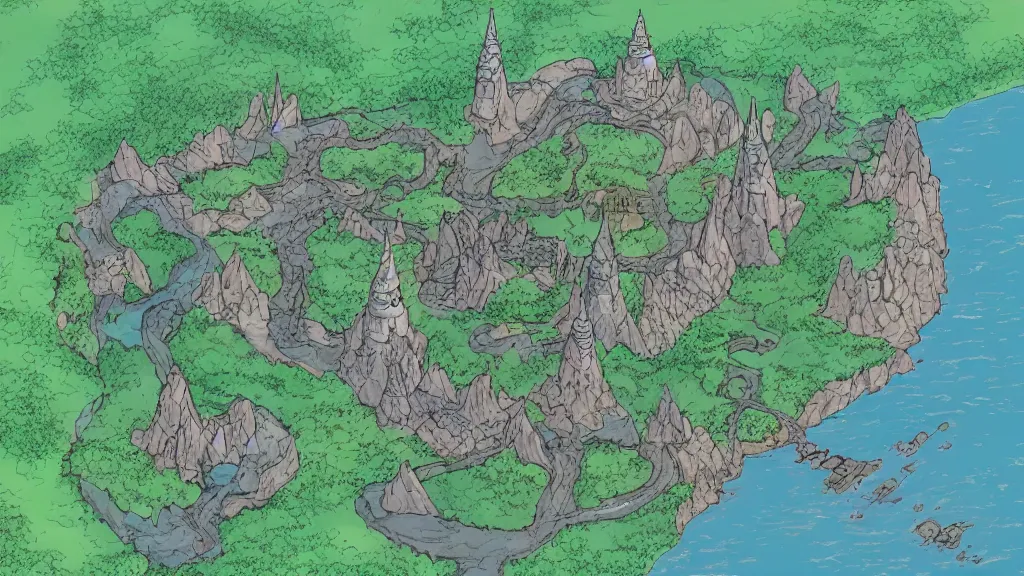 Image similar to Aerial view of a wizard tower surrounded by: 1 an ice cave to the west 2 a fire cave to the east 3 a emerald mine to the north and 4 a diamond mine to the south, lineart, colored