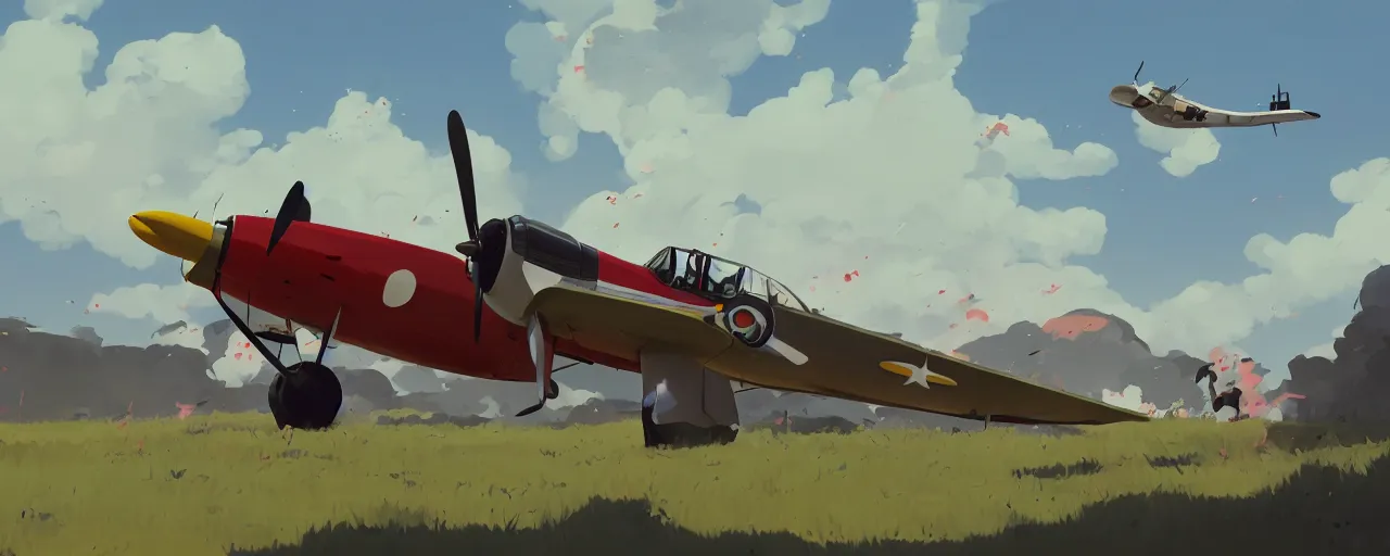 Prompt: japanese zero plane, crashing into the ground, atey ghailan, goro fujita, studio ghibli, rim light, stark very bright lighting, clear focus, very coherent