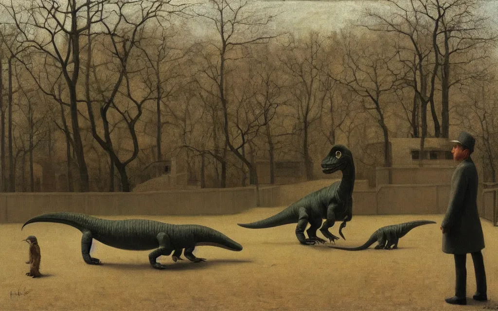 Image similar to a painting of a dinosaur in a zoo, in spring, oil on canvas, by hammershoi