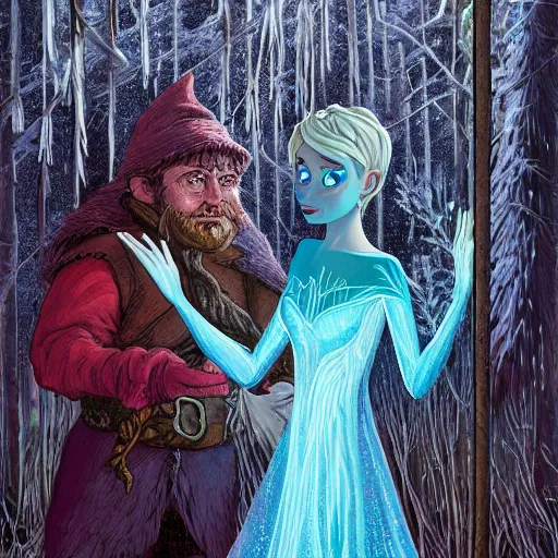 Image similar to Dan Mumford paint,a fantasy elf woman trapped and frozen trying to touch the hand of a human man who was frozen trapped with her, with frozen flowers