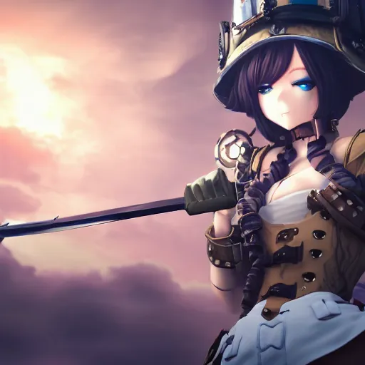 Image similar to smug anime girl with steampunk armor slicing in half a training dummy with a steampunk sword, extremely detailed, cinematic lighting, low angle, particles, clouds, trees,