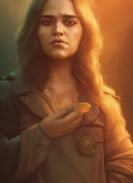 Image similar to a portrait one person, female sheriff, big eyes, plump lips, detailed faces, beautiful, rich deep colours masterpiece, golden hour, sharp focus, ultra detailed, by leesha hannigan, ross tran, thierry doizon, kai carpenter, ignacio fernandez rios