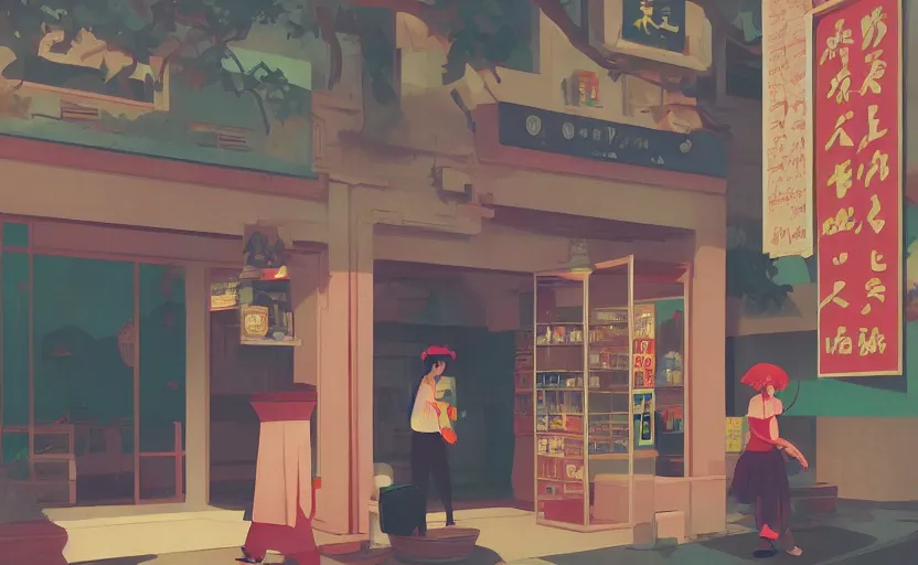 Image similar to an asian convenience store mythical magical scene illustration by atey ghailan and escher and edward hopper