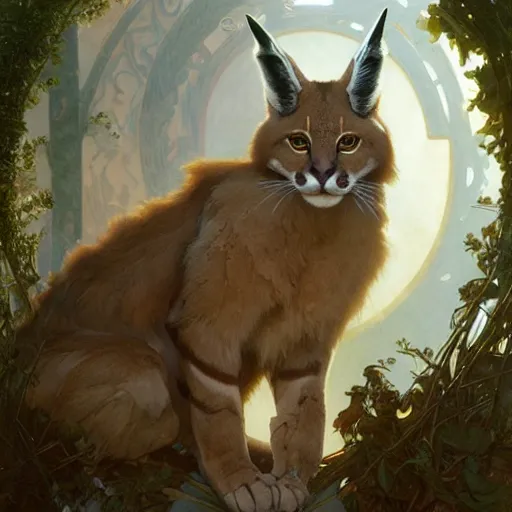 Image similar to concept art, a cute fluffy caracal, laurel wreath on his head, 8 k, alphonse mucha, james gurney, greg rutkowski, john howe, artstation