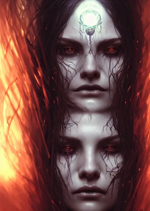 Image similar to Necromancer Sorceress face close-up macro in center, fantasy magic, undercut hairstyle, dark light night, intricate, elegant, sharp focus, illustration, highly detailed, digital painting, concept art, matte, art by WLOP and Artgerm and Greg Rutkowski and Alphonse Mucha, masterpiece