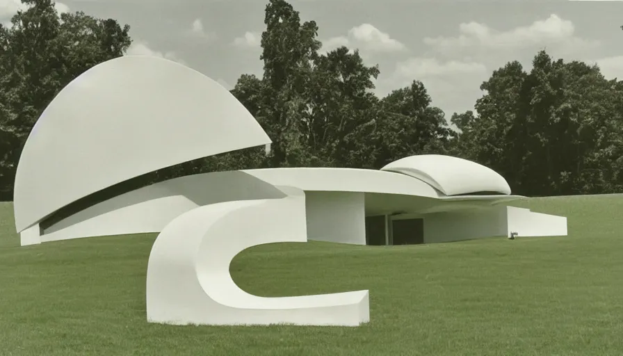 Image similar to a large white building sitting on top of a lush green field, an art deco sculpture by Bauhaus, cg society, bauhaus, panorama, art deco, 1970s