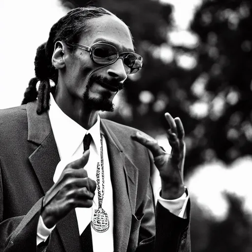 Prompt: vintage photograph of Snoop Dogg speaking at the Million Man March, Sigma 40mm, portrait, black and white