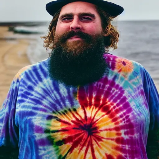 Image similar to Large man with a beard and a manbun, wearing tie dye shirt, standing at the helm of a ship while smoking in the style of one piece