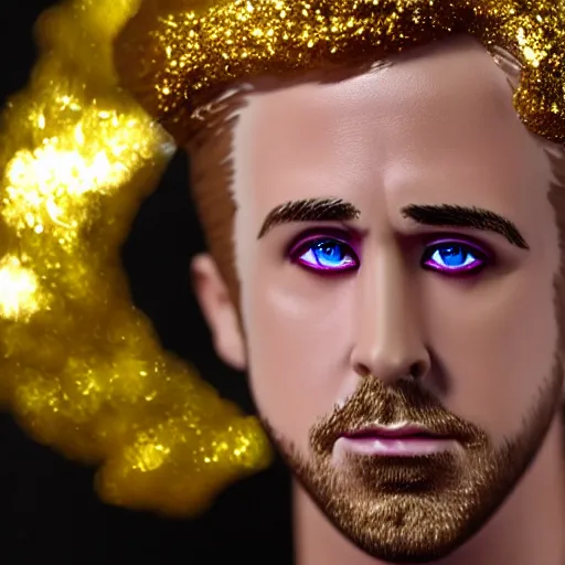 Image similar to Ryan Gosling with silver-violet hair, white eyes inflated press and golden glittery dress, wide lens, diorama, 4k,