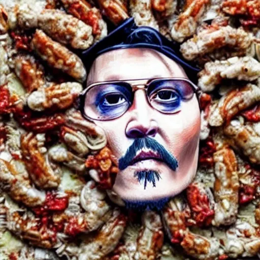 Image similar to johnny depp made out of jambalaya, a human face made out of a bowl of jambalaya