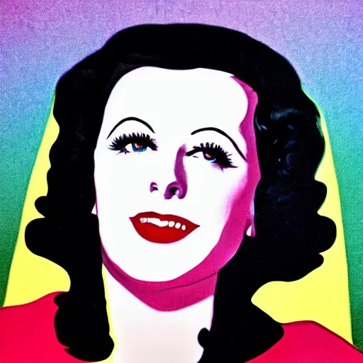 Image similar to rainbow smiling happy hedy lamarr. pop art.