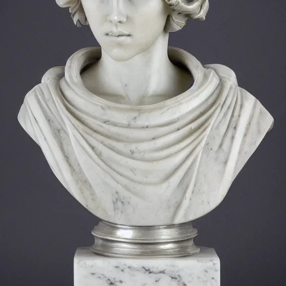 Prompt: a white art nouveau marble sculptural bust of a worried young scarlett johansson as joan of arc, with silver plate armor, delicate, intricate, smooth, beautiful, by charles van der stappen