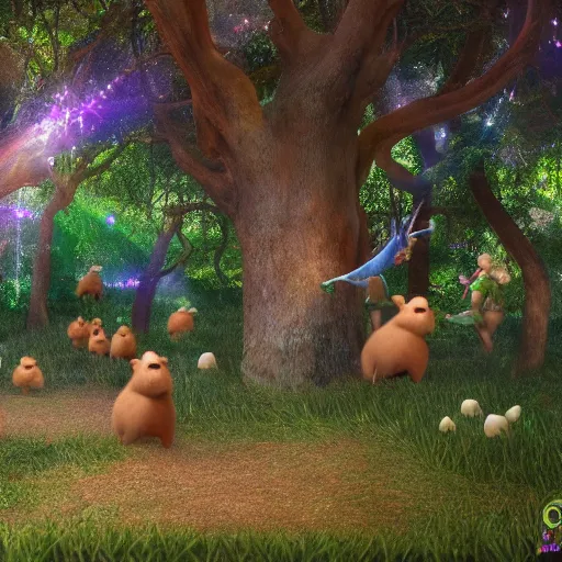 Prompt: magic forest with capybaras and fairies, realistic, 4k