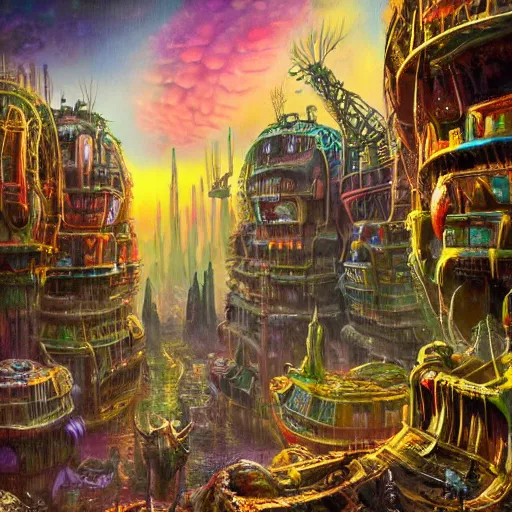 Prompt: dense alien city on ancient post - apocalyptic planet, jim henson creature shop, vivid and colorful, thomas kincaid, cinematic, oil painting, highly detailed, illustration
