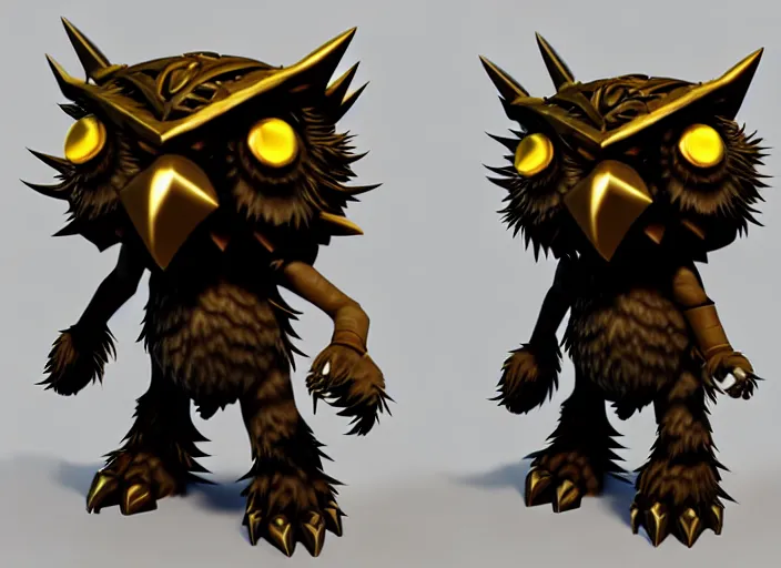 Image similar to owlbear, with metallic spiked shoulder pauldrons, stylized stl fantasy miniature, 3 d render, activision blizzard style, hearthstone style