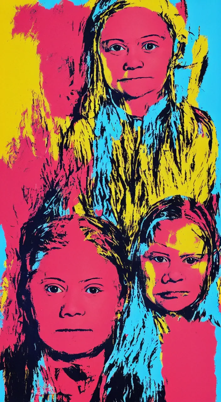 Image similar to portrait of greta thunberg. hommage to andy warhol and jean - michel basquiat by ai weiwei