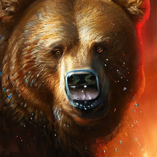 Prompt: stunning portrait of a brown bear, painting by Raymond Swanland, cyberpunk, sci-fi cybernetic implants hq