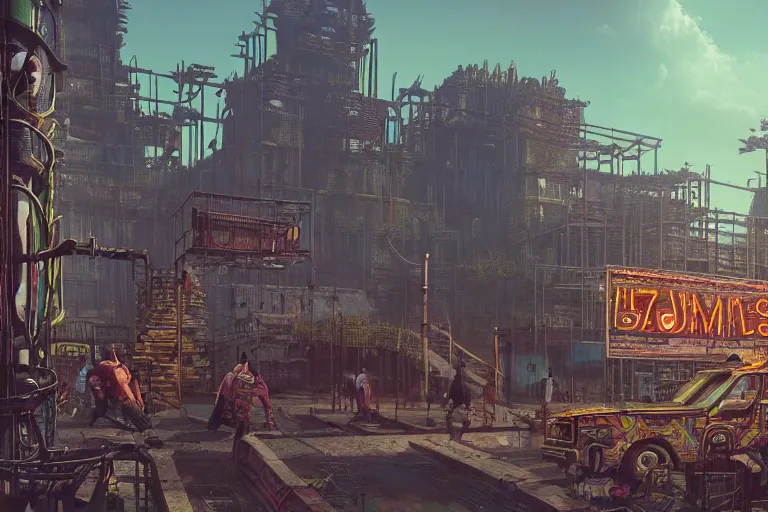 Image similar to hyperrealistic matte painting of aztec temples in a cyberpunk future environment with mechanical features and neon, graffiti, scaffolding, smog, destruction by filip hodas, beeple, 4 k, trending on cgsociety