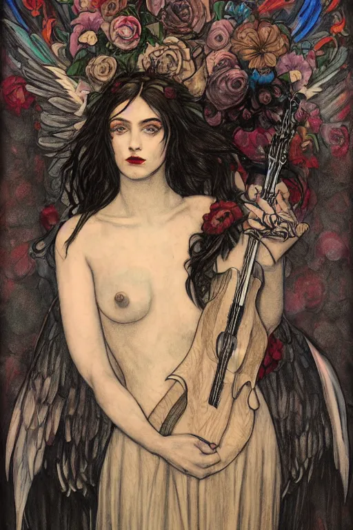 Image similar to pre-raphaelite punk rock dark rainbow noir angel painting, floral detail, face tattoo, by Abigail Larson, Anton Fadeev