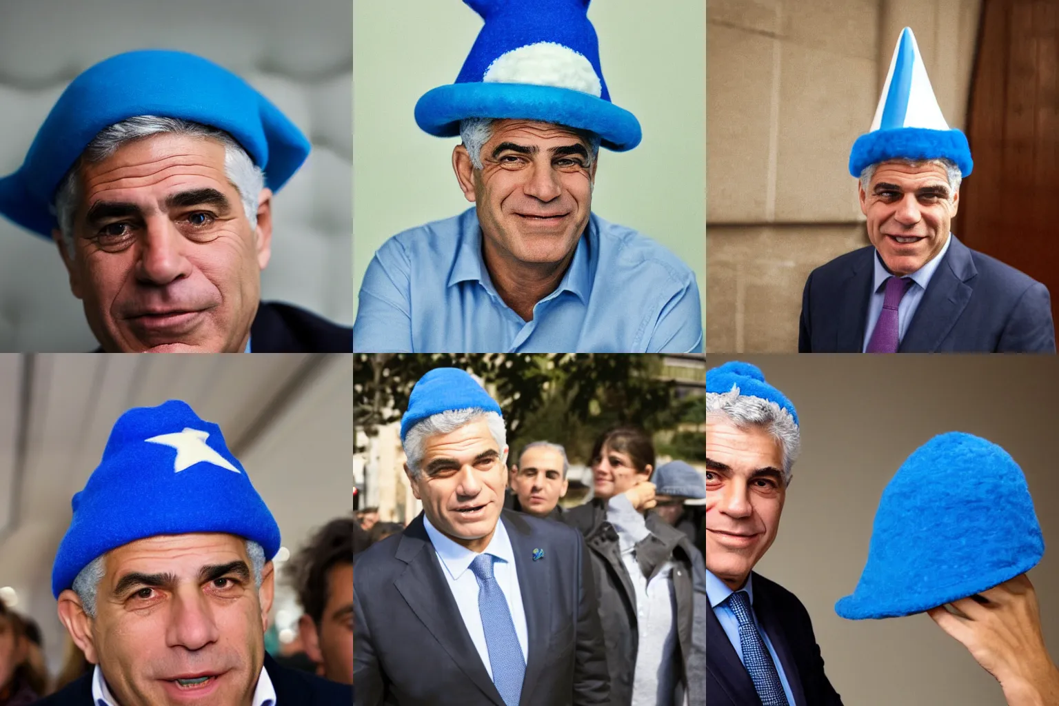 Prompt: candid portrait of israeli prime minister yair lapid wearing a smurf hat by annie leibovits