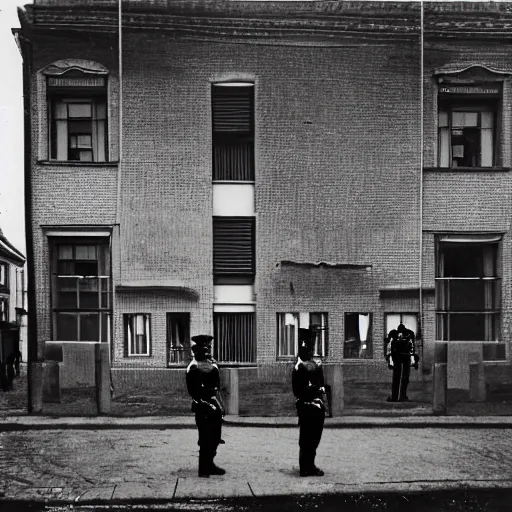 Image similar to The body art depicts a police station in the Lithuanian city of Vilnius. In the foreground, a group of policemen are standing in front of the building, while in the background a busy street can be seen. solarised by Zdzislaw Beksinski, by Fang Lijun