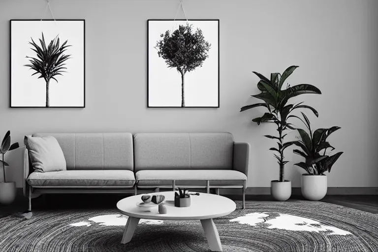 Image similar to minimalist contemporary modern design living room, cozy, calm, plants, big canvas art, hardwoord floor, white walls, highly detailed wide angle photograph