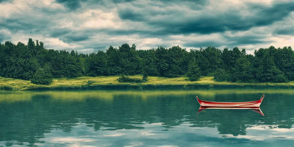 Image similar to photo of small row boat on a lake, landscape, beautiful, elegant, award winning photograph, highly detailed, high resolution photo, trending on artstation,