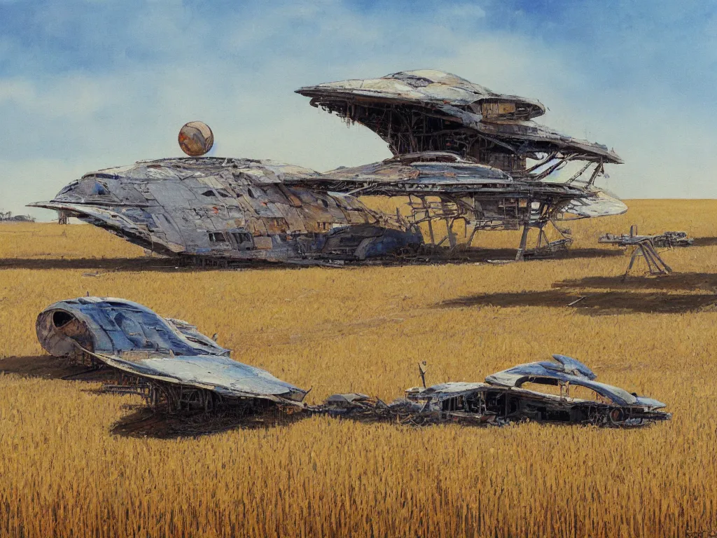 Image similar to A fantastic painting of a dilapidated post-modern building on a wheat field with an abandoned spaceship parked on the roof of the building, by Robert McCall, Trending on artstation, very detailed