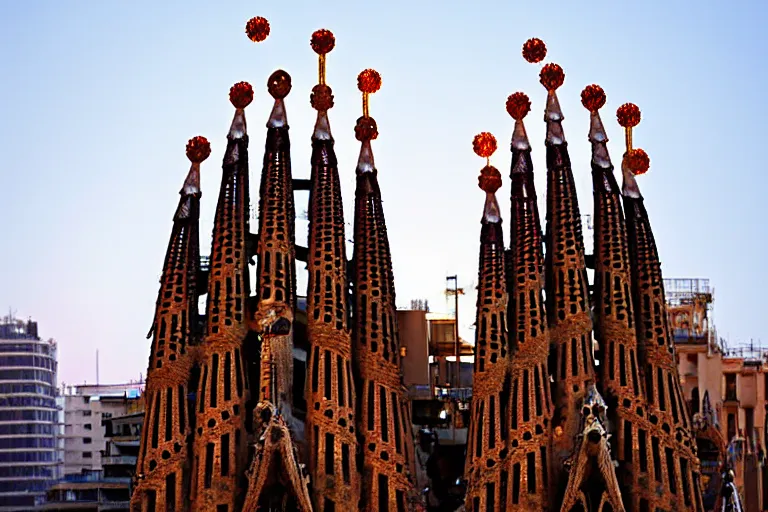 Image similar to views of catastrophic barcelona's sagrada familia covered with high water, global warming, floating cars, sunset lighting, photo real