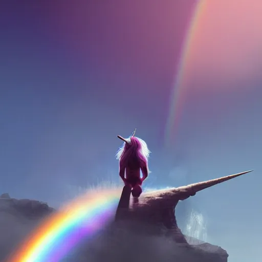 Image similar to a unicorn standing on its back legs, rainbow in the background, dramatic lighting, cinematic, establishing shot, extremely high detail, photo realistic, cinematic lighting, post processed, concept art, artstation, matte painting, style by eddie mendoza, raphael lacoste, alex ross