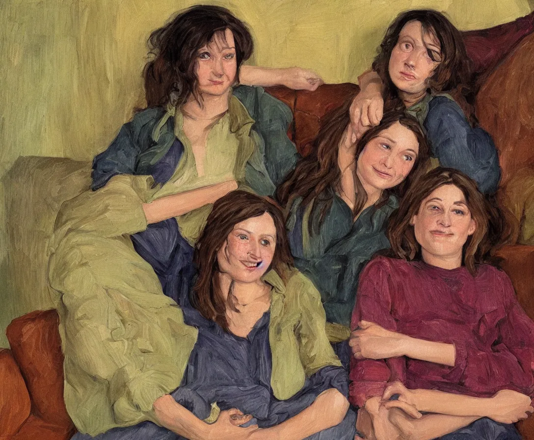 Image similar to portrait of pretty bella and esther with brown hair lying horizontal next to each other, in an old english apartment on a brown leather sofa. one is wearing a dark blue sweather, the other a white shirt. close up. in the style of lucien freud. oil painting. green light. thick colorful brush strokes. smiling