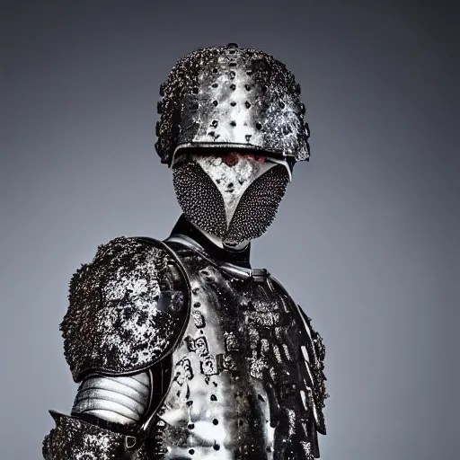 Image similar to a portrait of a beautiful young male wearing an alexander mcqueen armor made of meteorites , photographed by andrew thomas huang, artistic