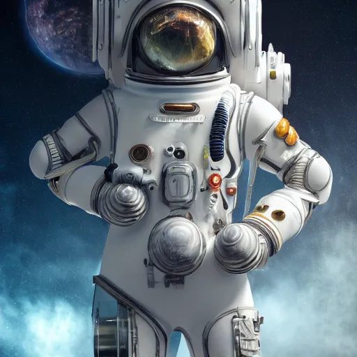 Image similar to photography of a white steampunk space engineer suit, in an colorful alien planet, ultra detail, beautiful light, high detail, 8 k, f / 2. 8, octane render