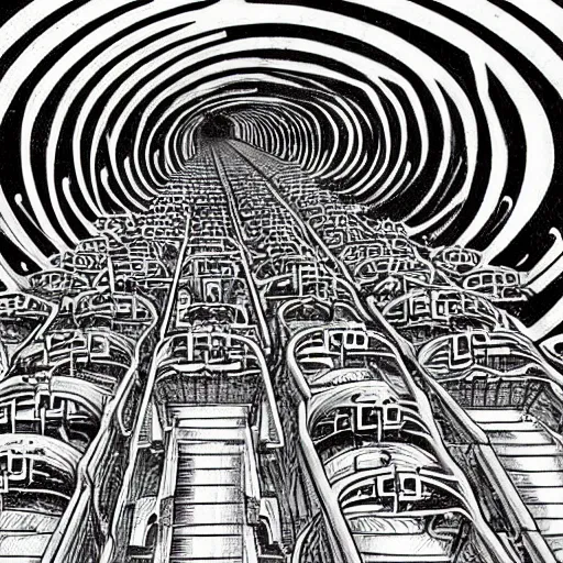 Image similar to computational tunnels, a tunnel complex full of mechanical computers and hooded robots, drawing by jim woodring, junji ito, m.c. escher