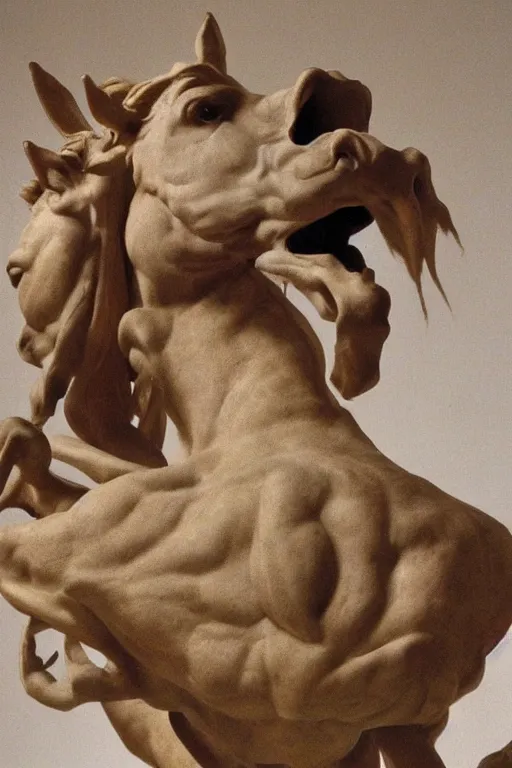 Image similar to a high detailed sculpture of a horse, rearing dramatically made out of raw hamburger, by michelangelo