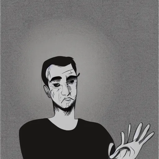 Prompt: Simple digital art of man thinking with hands on head, dissolving into the air, philosopher.