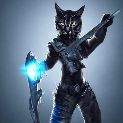 Image similar to character concept portrait, a warrior cat holding a metal weapon in a combat stance, bright glowing, 3 d rendered, 3 d rendering, dramatic lighting, unreal enginedigital painting, concept art, smooth, sharp focus, illustration, 8 k resolution, trending on art station, cinema 4 d, behance hd