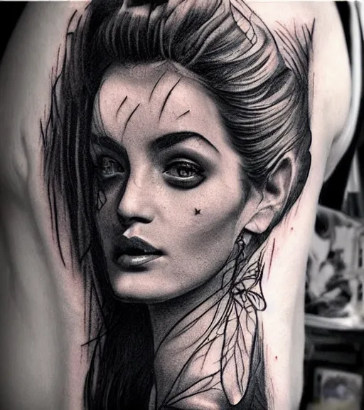Image similar to amazing blend effect of a beautiful woman face next to mighty mountains, tattoo design sketch, hyper - realistic, in the style of matteo pasqualin, amazing detail, black and white