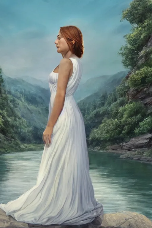 Image similar to a beautiful woman looking to the right side wearing a white dress, river in the background, serene scene, soft lighting, complementary colors, anatomically correct, five fingers, matte painting, centered, symmetrical, low contrast, heaven, path traced, highly detailed, high quality, 4 k, hyperrealistic, soft colors, beautiful landscape, realistic and defined face