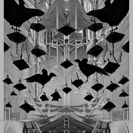 Image similar to crows at a architectural complex with an occult witch by Android Jones and M. C. Escher collaboration, futurist, digital art, dramatic lighting, symbolic