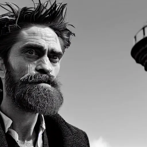 Prompt: Willem Dafoe with a beard and Robert Pattinson with a moustache in The Lighthouse (2019), high contrast, black and white cinematography
