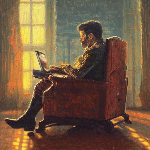 Prompt: detailed oil painting of iron man sitting in an armchair in a room with the setting sun, by thomas kinkade, rembrandt, golden hour