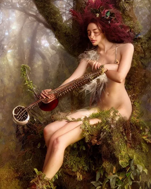 Image similar to dryad musician, portrait, with a feathered mouse friend, studio lighting by jessica rossier and brian froud and gaston bussiere